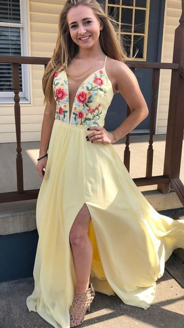 Yellow Long Prom Dress, Prom Dress with Floral Embroidery and Side Slit HZ1023